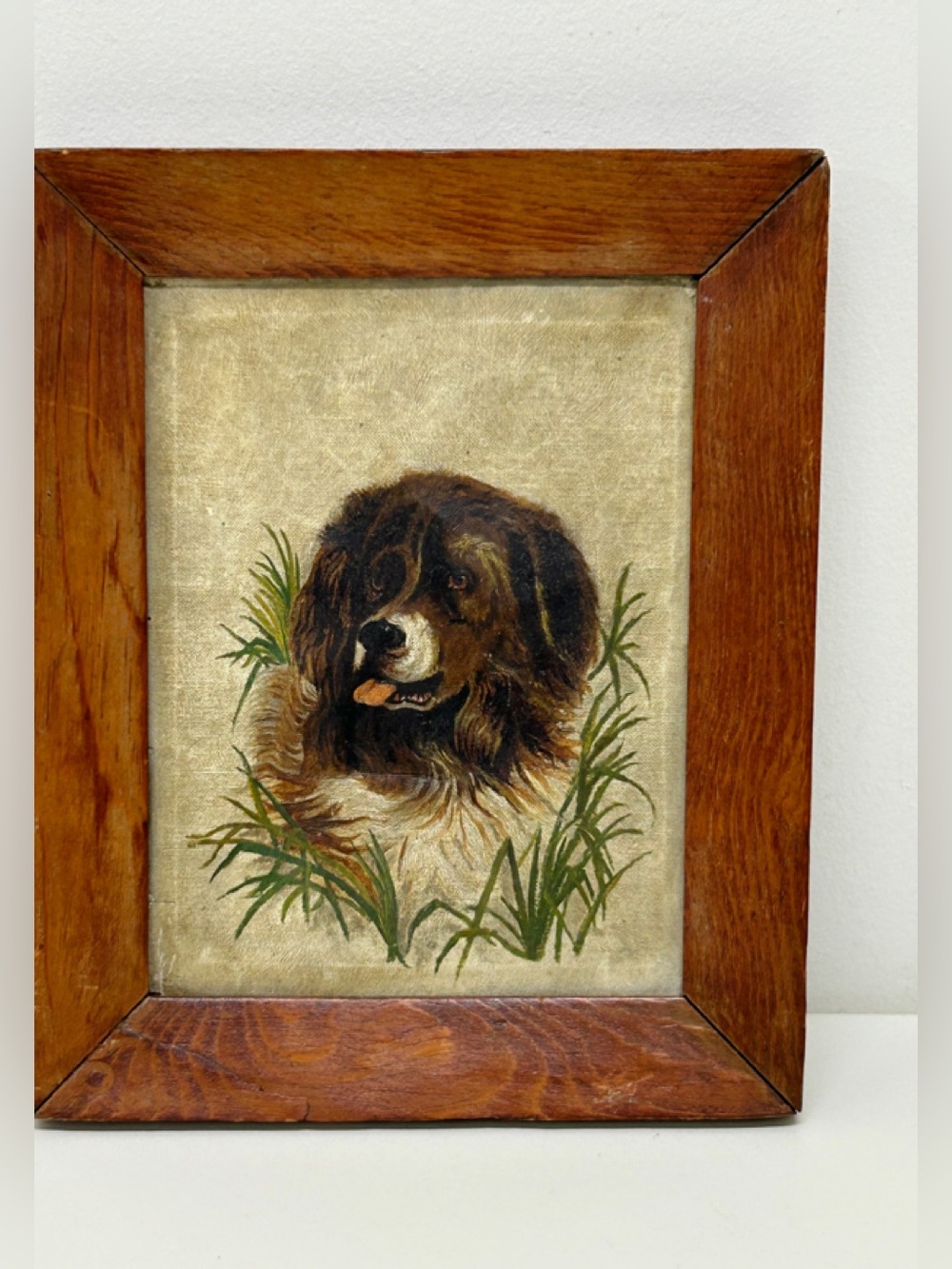 19th Century Antique Rustic Wooden Framed Oil on Canvas Portrait of Dog